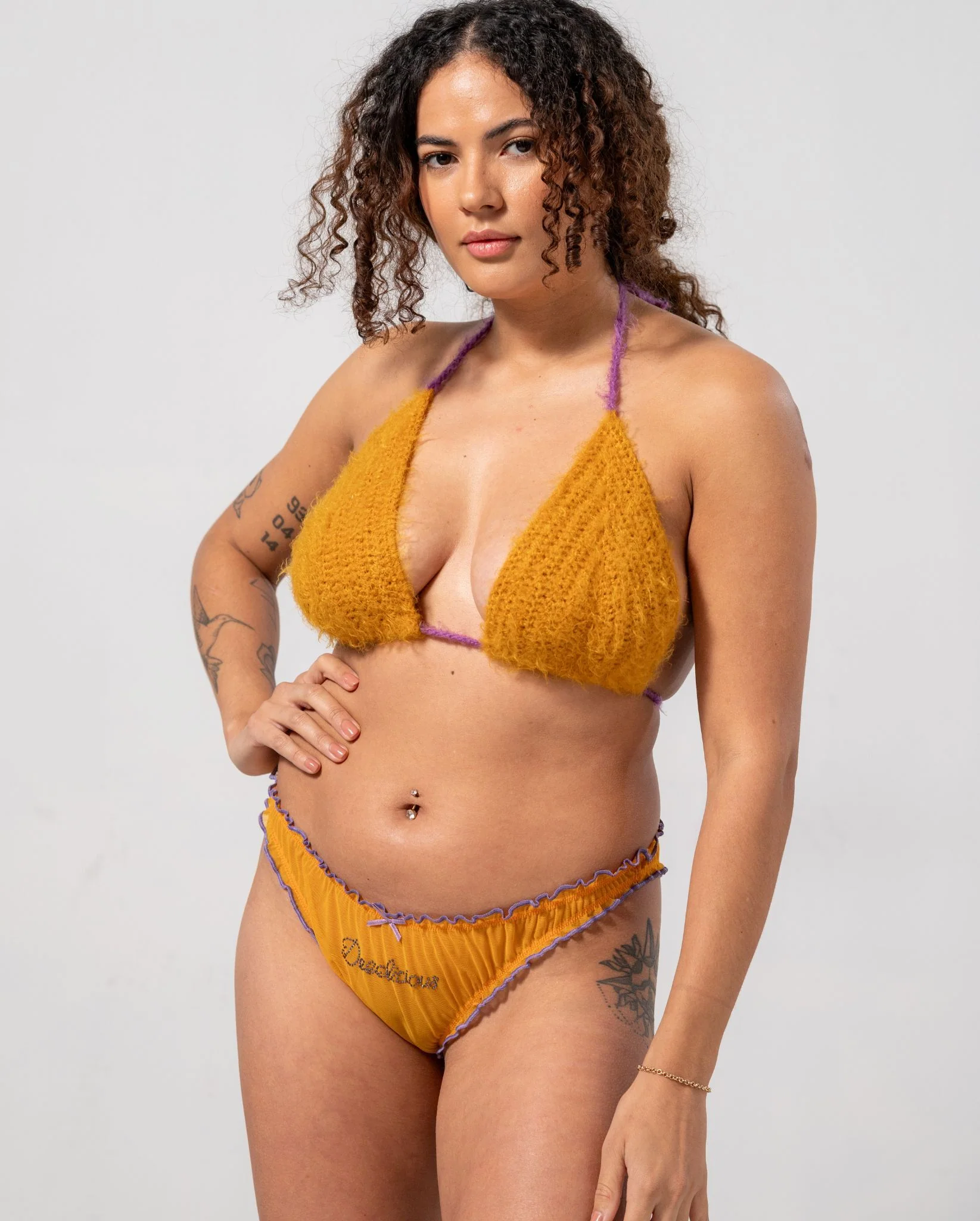 Knitted Triangle Bralette Mustard/Electric Lilac