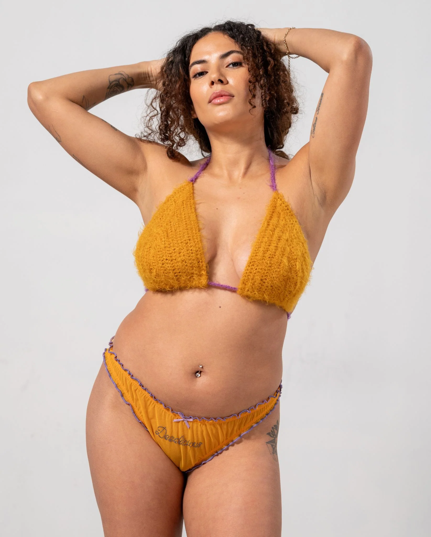 Knitted Triangle Bralette Mustard/Electric Lilac - Image 5