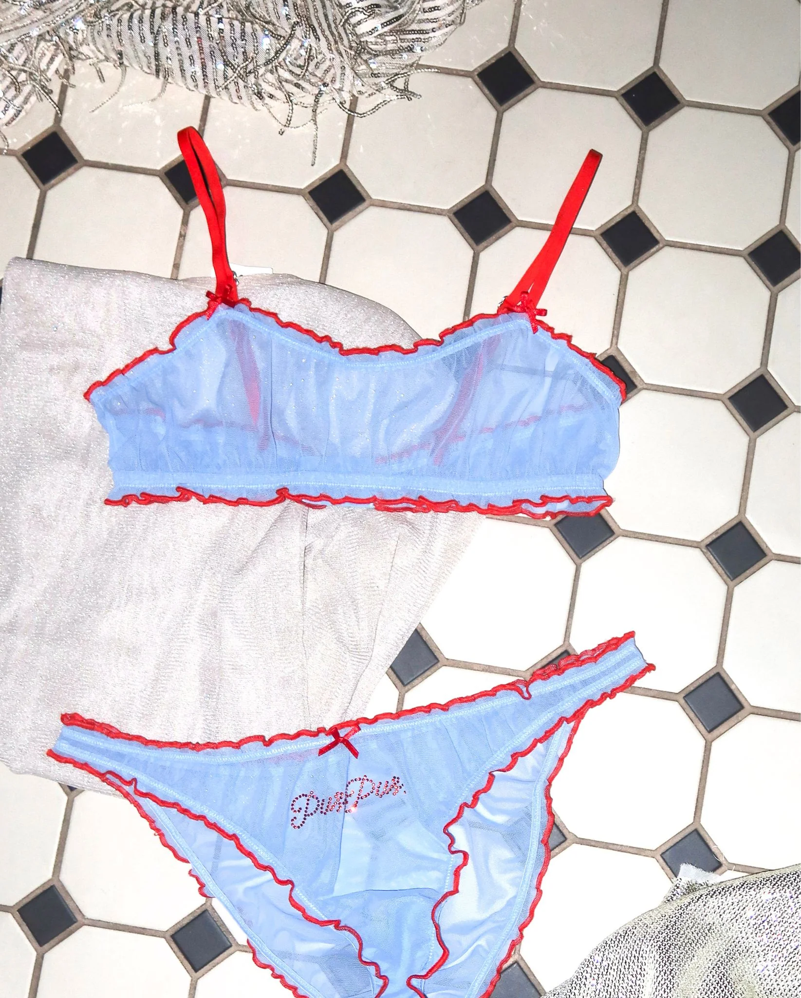 Mesh Ruffle Scoop Bralette Light Blue/Fiery Red - Image 8